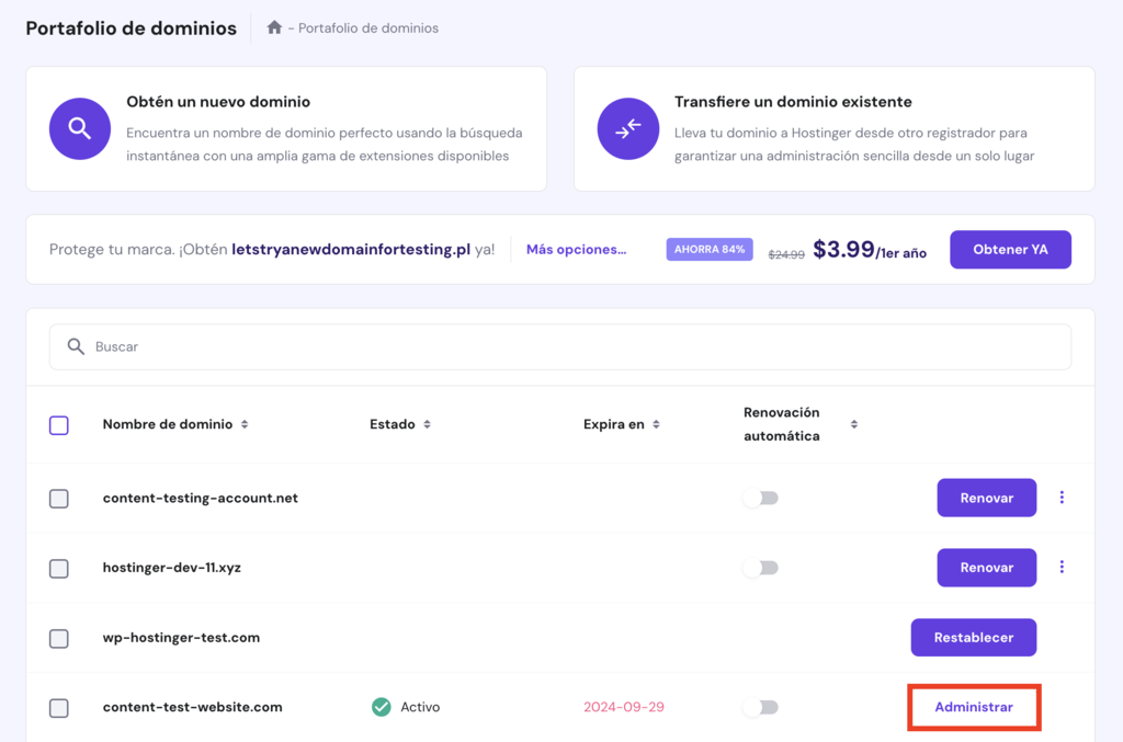 Portafolio de dominios en hPanel