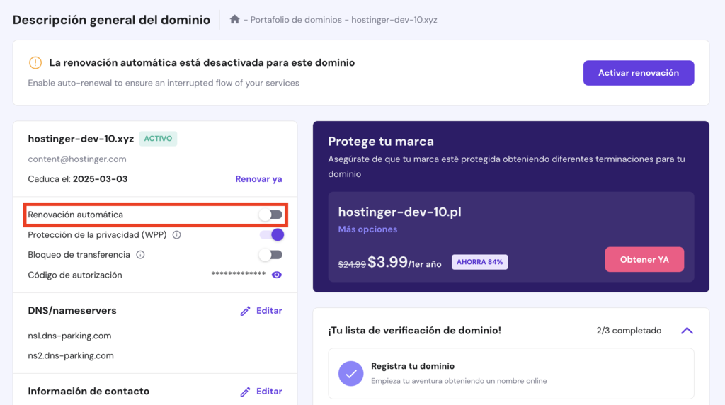 Opción renovación automática de dominio en hPanel