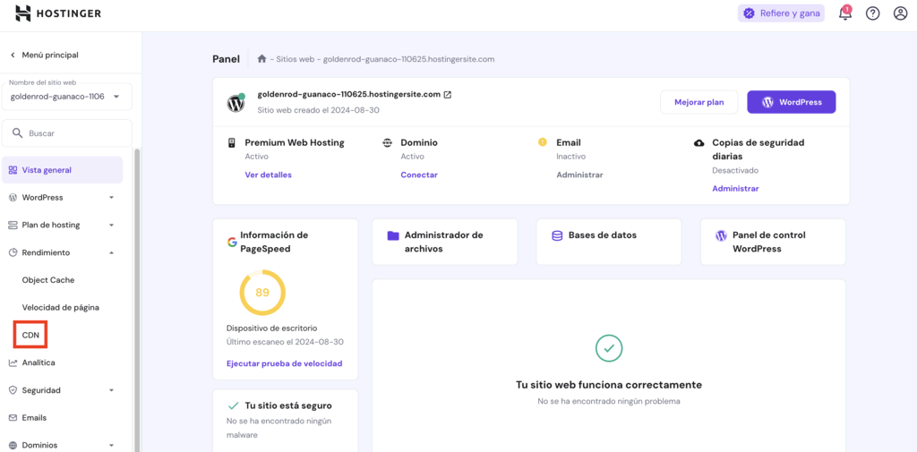 Panel de control de hPanel