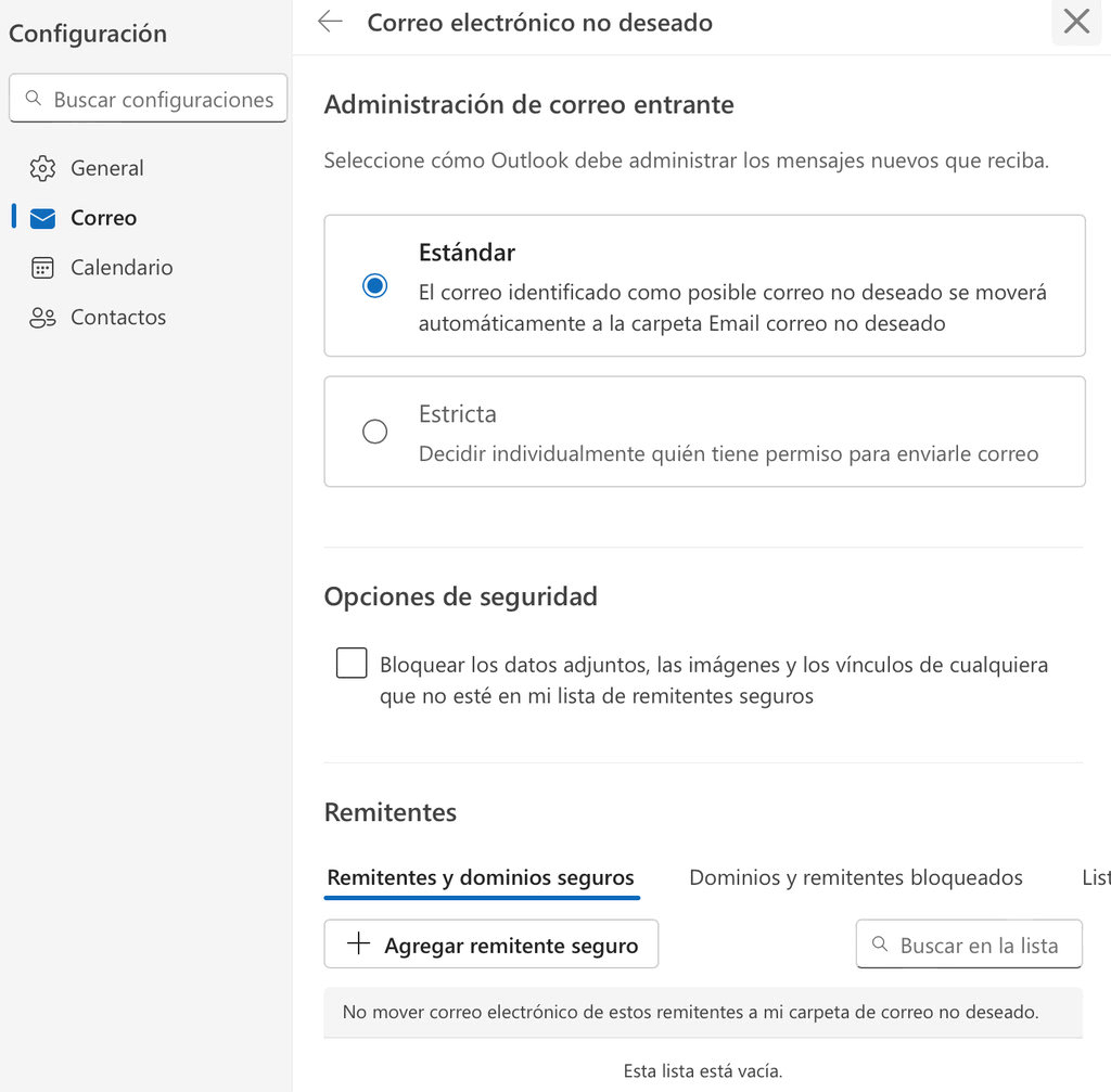 Sección de Correo electrónico no deseado en Outlook