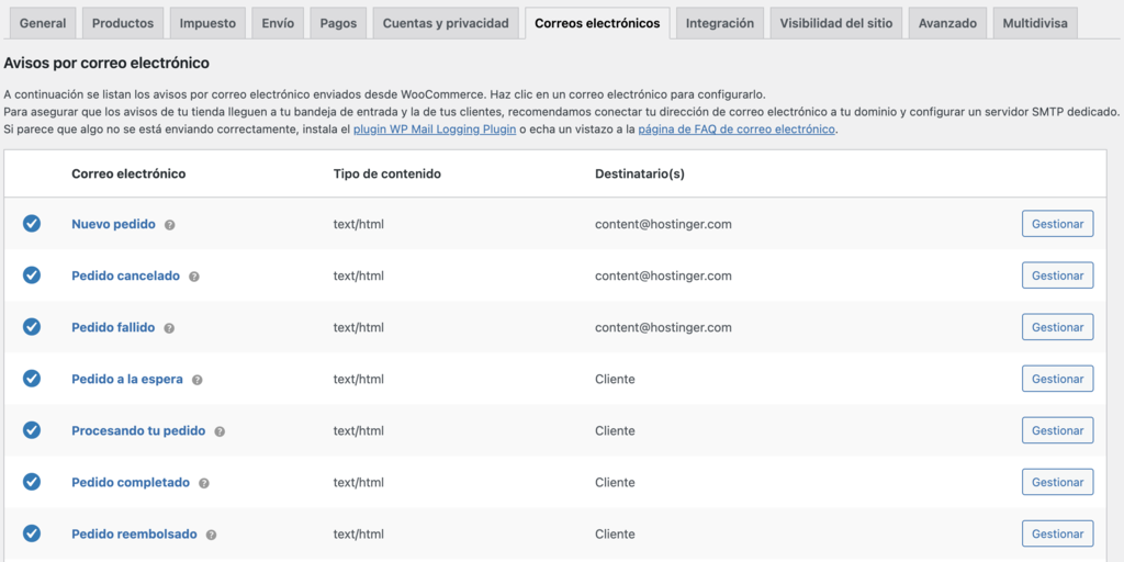 Ajustes de Correos electrónicos en WooCommerce