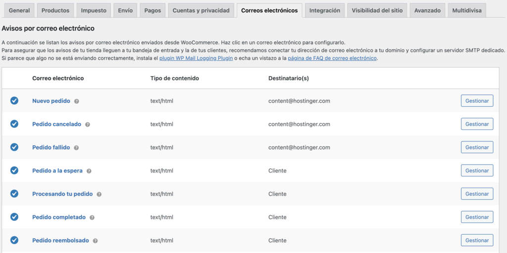 Ajustes de Correos electrónicos en WooCommerce