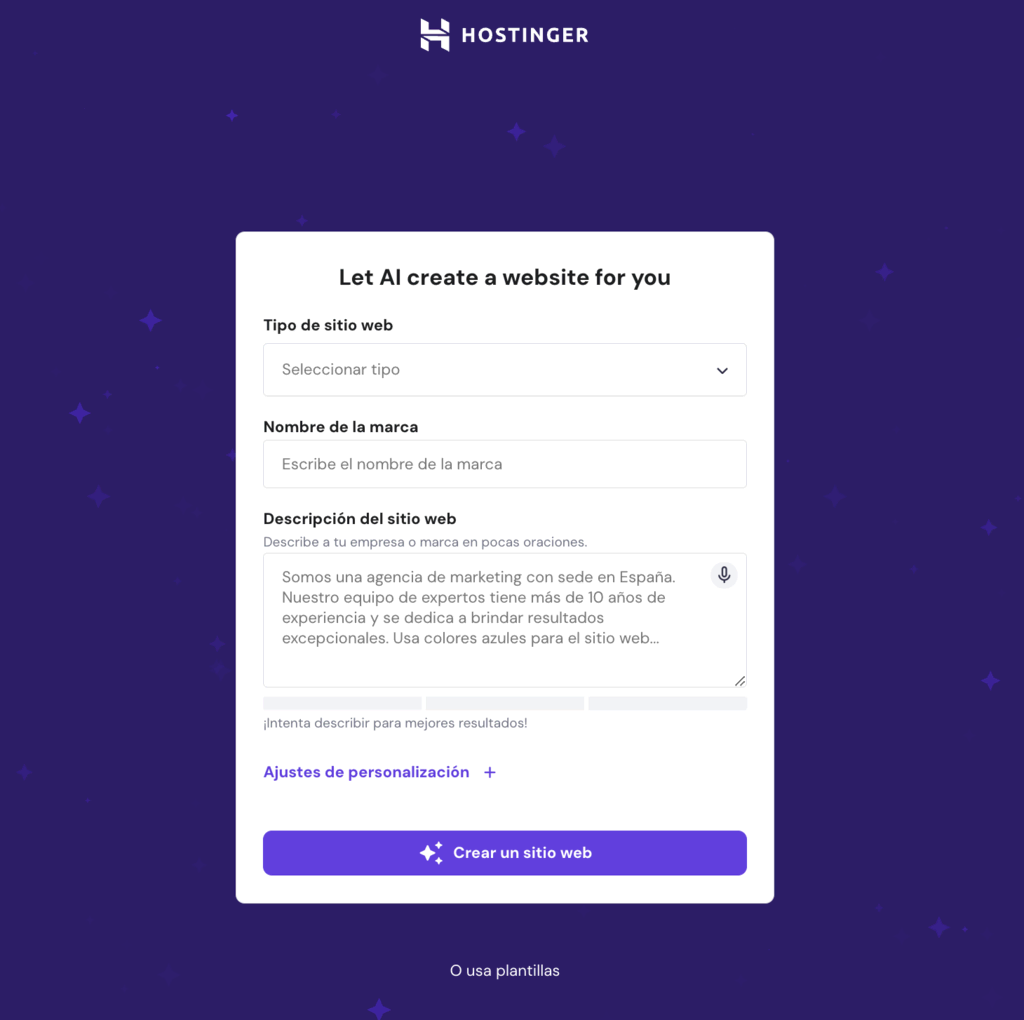 Crear web con IA de Hostinger
