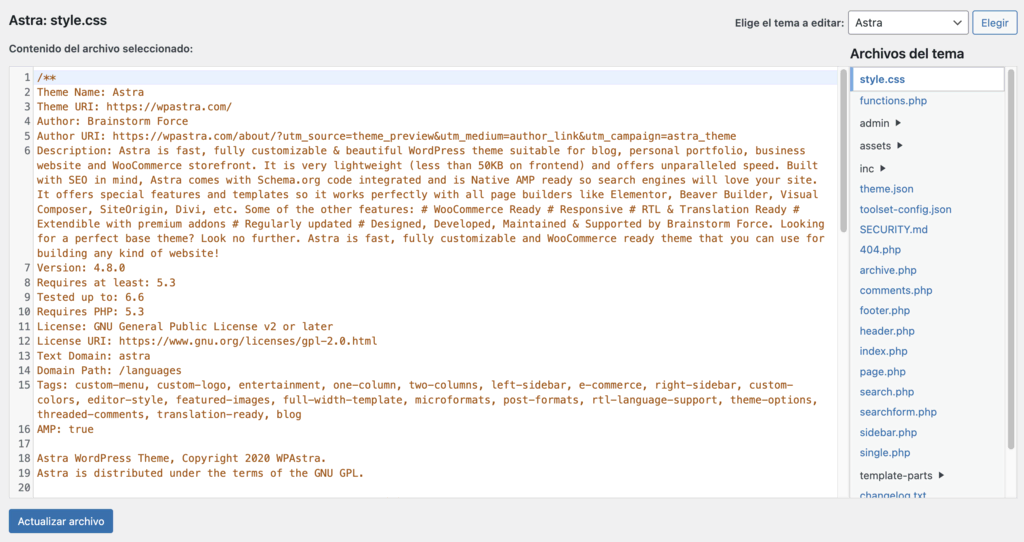 Editor de archivos de temas de WP