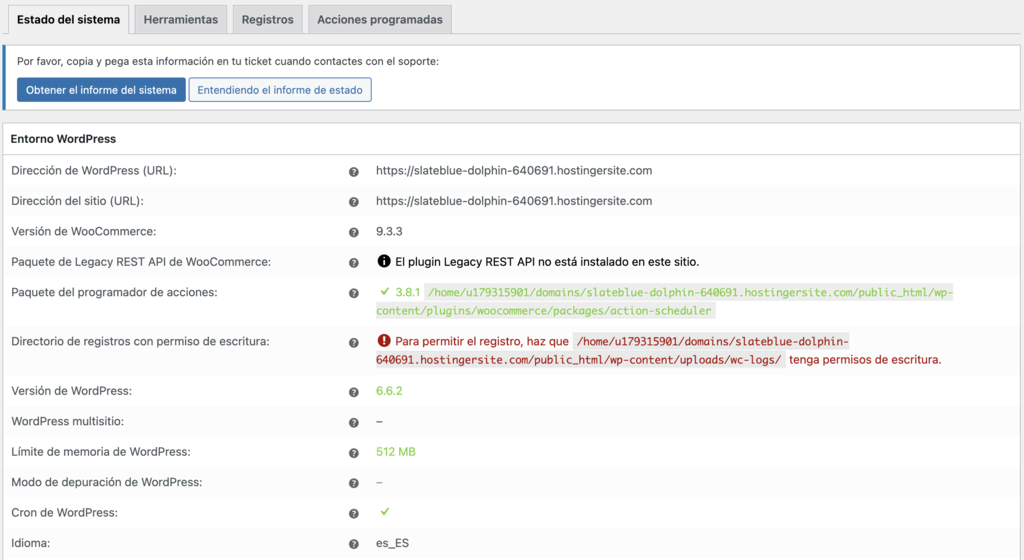 Estado del sistema de WooCommerce