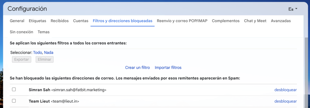 Sección de Filtros y direcciones bloqueadas de Gmail