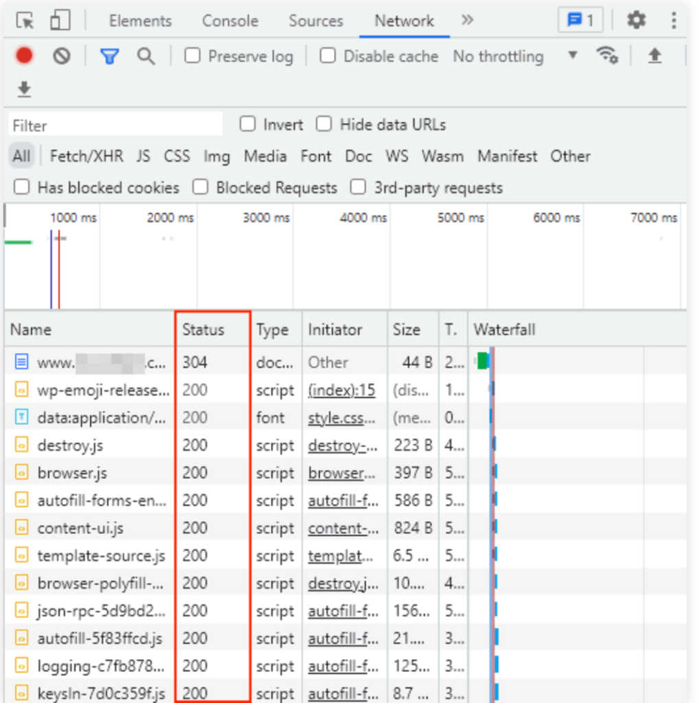 Inspeccionar elemento de Chrome: códigos HTTP