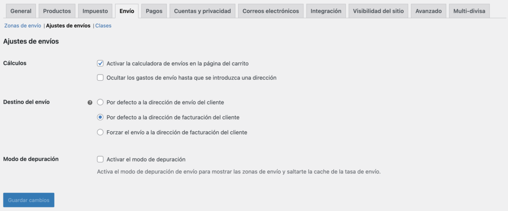 Ajustes de envío de WooCommerce