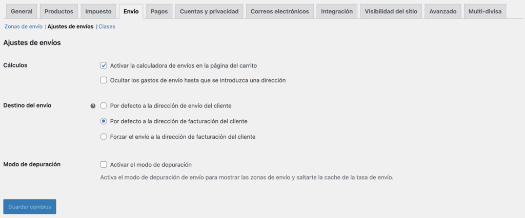 Ajustes de envío de WooCommerce