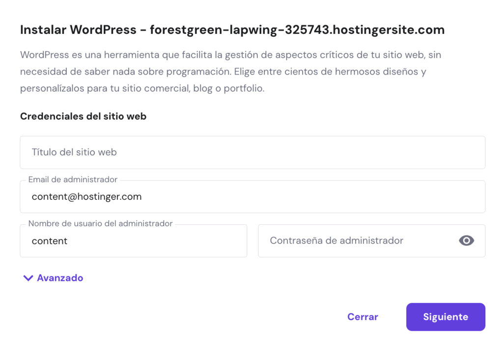 Credenciales de  instalación de WordPress