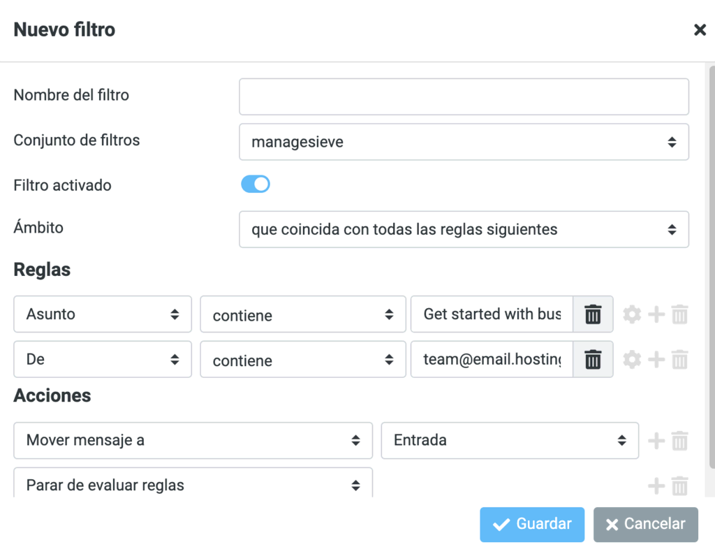 Ajustes del nuevo filtro del correo de Hostinger