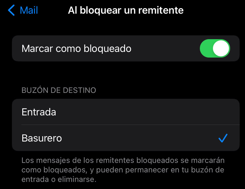 Sección de Al bloquear un remitente en iOS