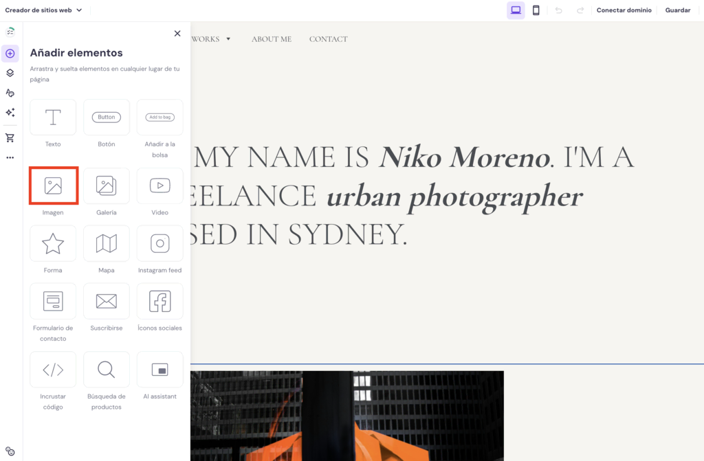 Añadir imágenes en el Creador de Hostinger