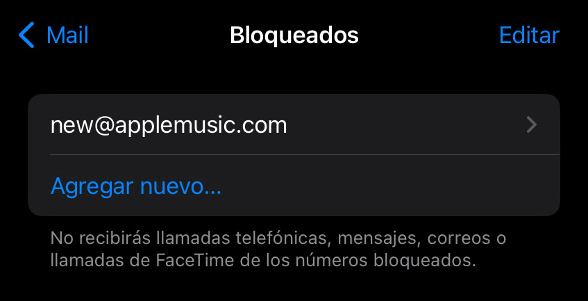 Sección de correos bloqueados de iOS