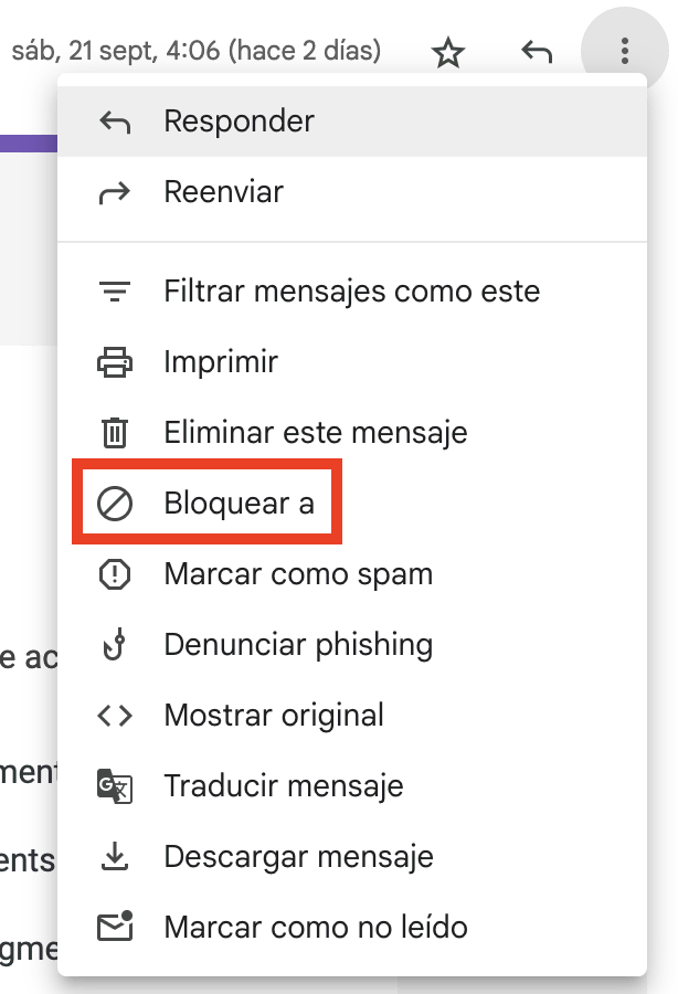 Opción de Bloquear remitente en Gmail