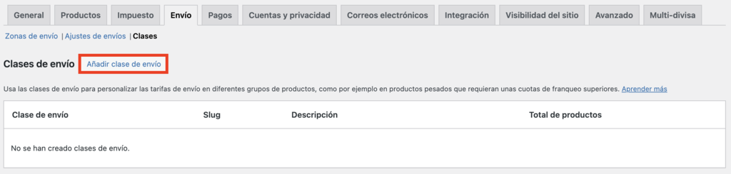 Clases de envío en WooCommerce