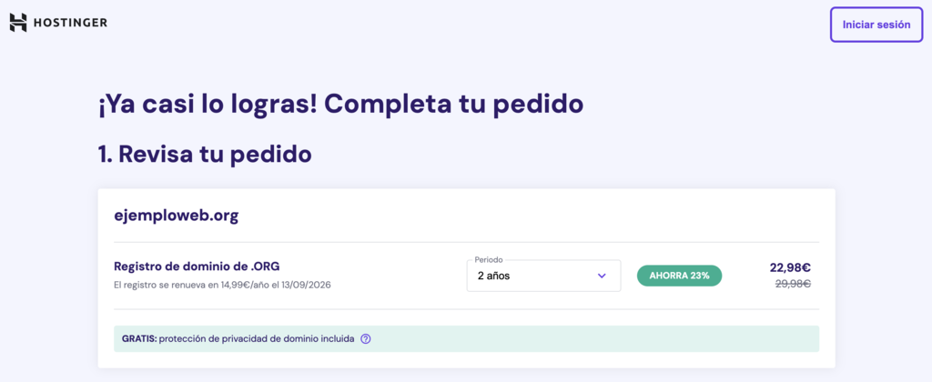 Primer paso de compra de dominio en Hostinger