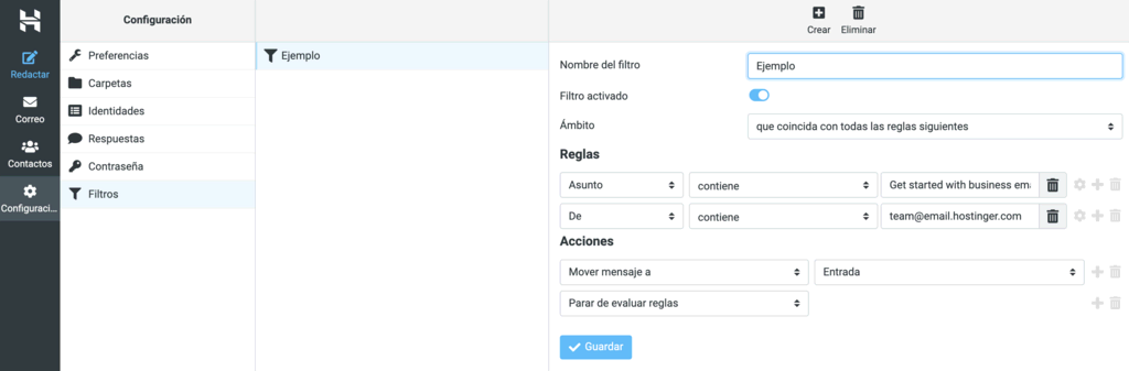 Configuración de filtros del correo de Hostinger