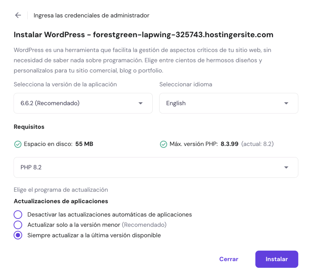 Ajustes de instalación de WordPress