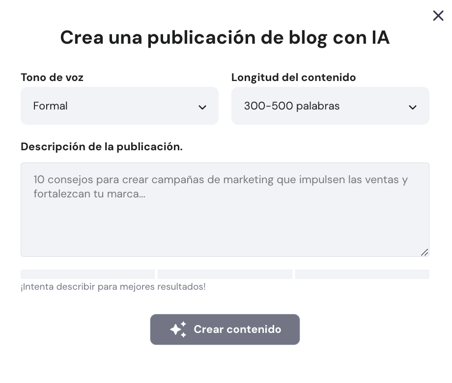 Crear blog con IA del Creador de sitios web de Hostinger