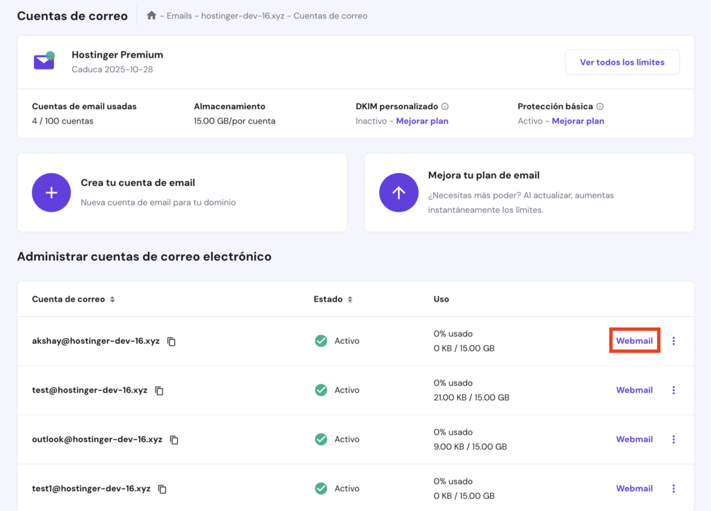 Sección de Administrar cuentas de correo electrónico en hPanel 