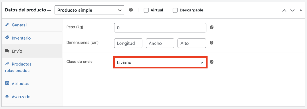 Sección de Datos del producto en WooCommerce