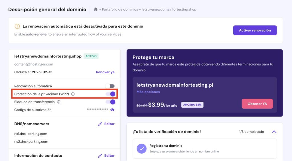 Protección de la privacidad de dominio en hPanel