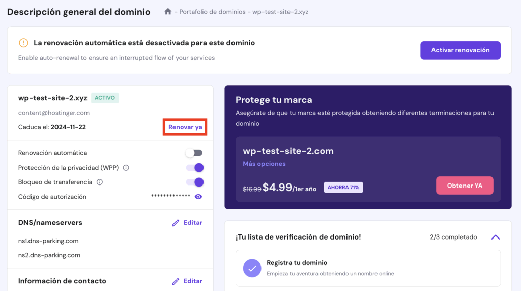 Descripción general del dominio en hPanel