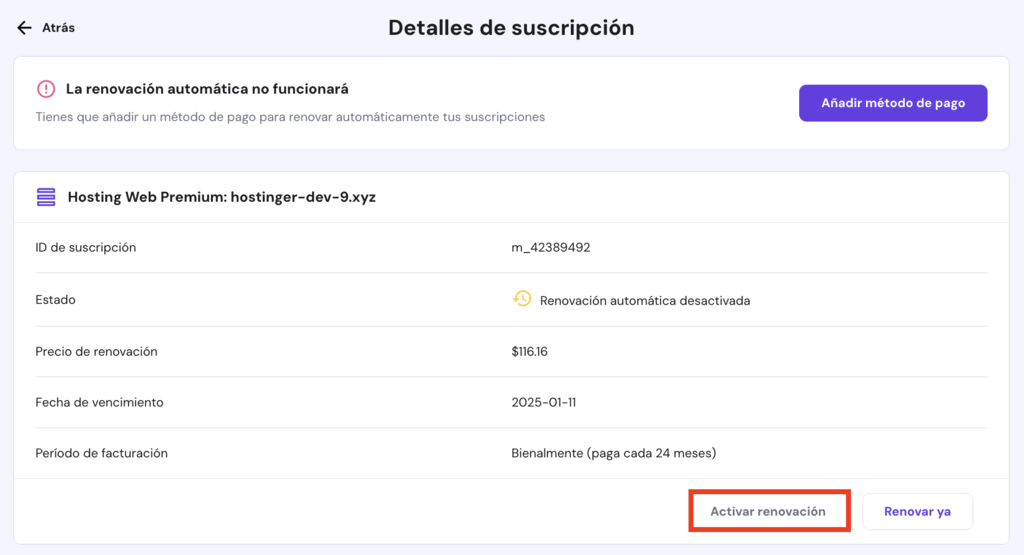 Detalles de suscripción de un dominio en hPanel