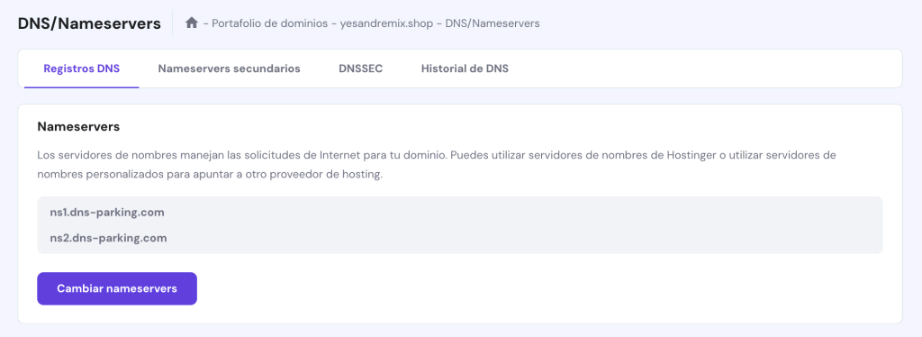 Sección de DNS/Nameservers en hPanel 