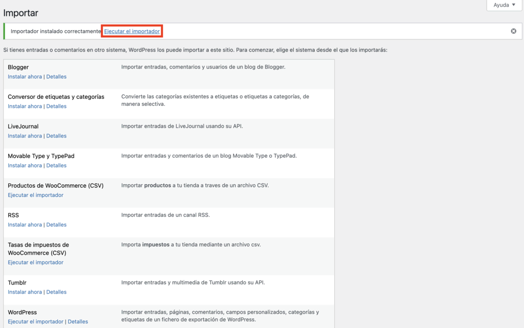 Opción Ejecutar importador en WP