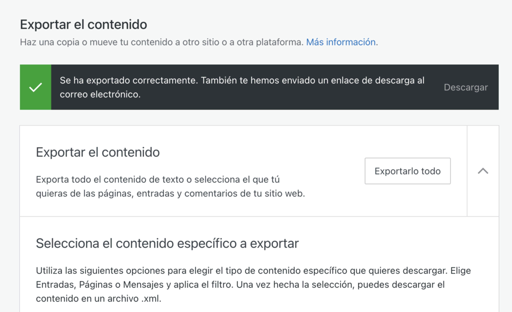 Mensaje de exportación exitosa en WordPress.com