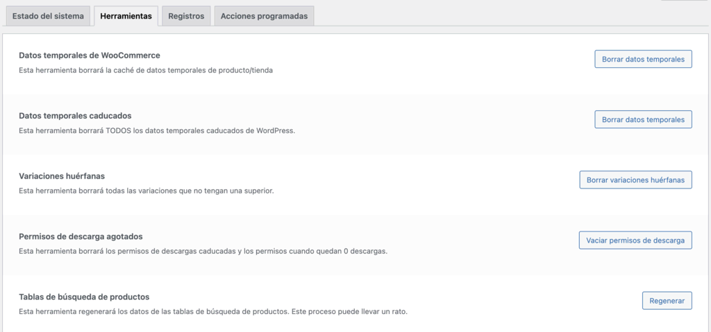 Pestaña Herramientas del estado del sistema de WooCommerce