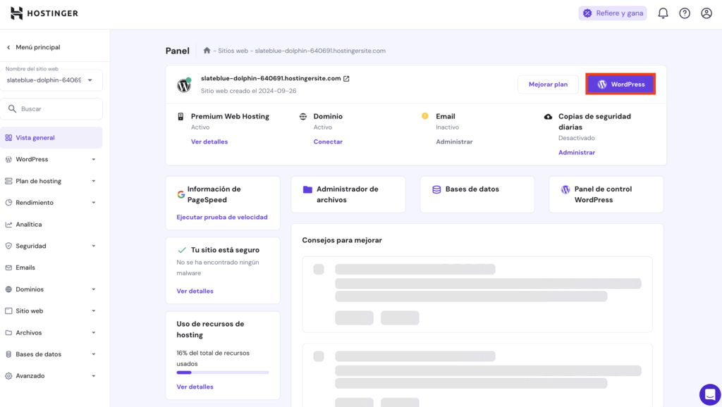 Panel de control de hPanel