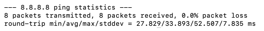 Estadísticas del ping 8.8.8.8. en macOS