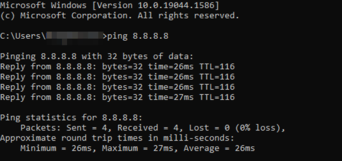 Prueba exitosa de una prueba de ping en el Símbolo del sistema