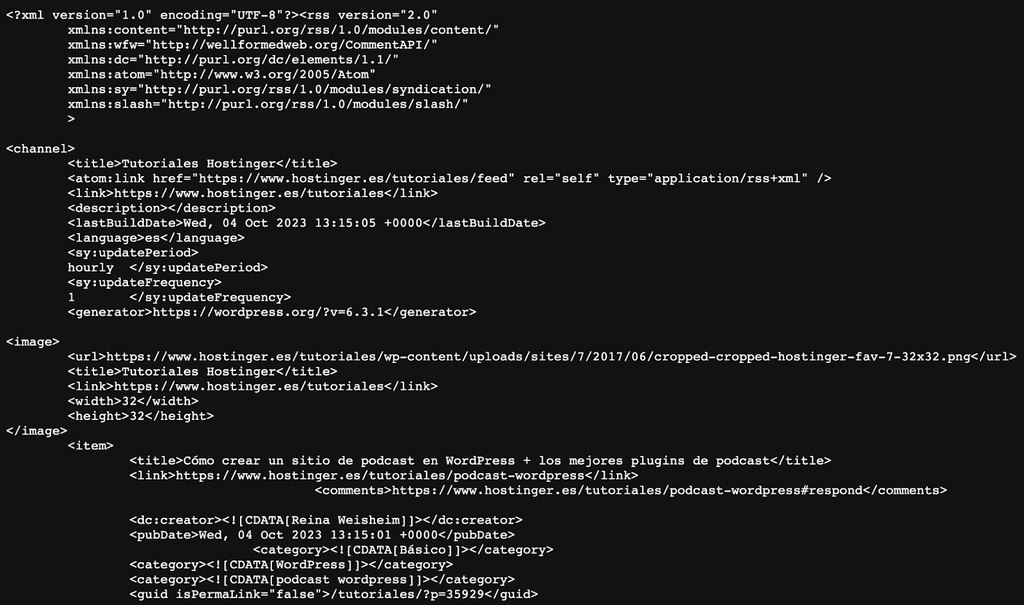 Ejemplo de formato XML de un feed de WordPress