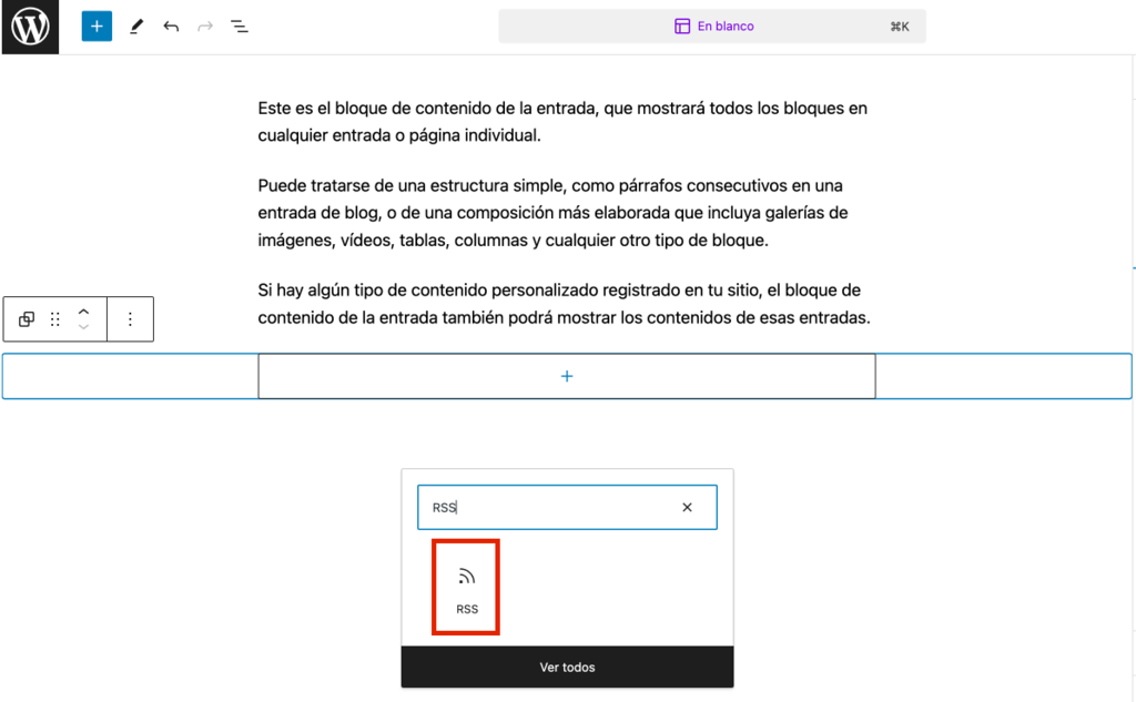 Bloque RSS del editor de WordPress