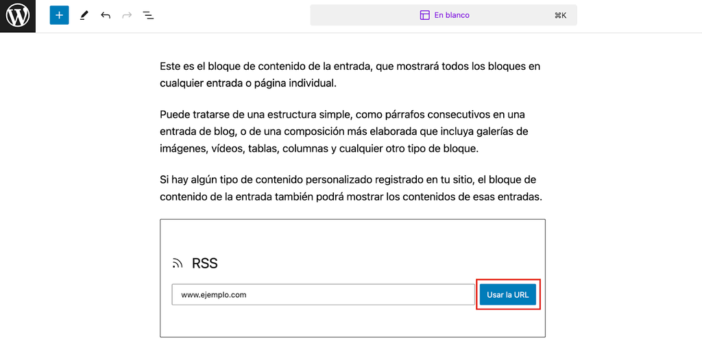 Ejemplo de enlace RSS en WordPress