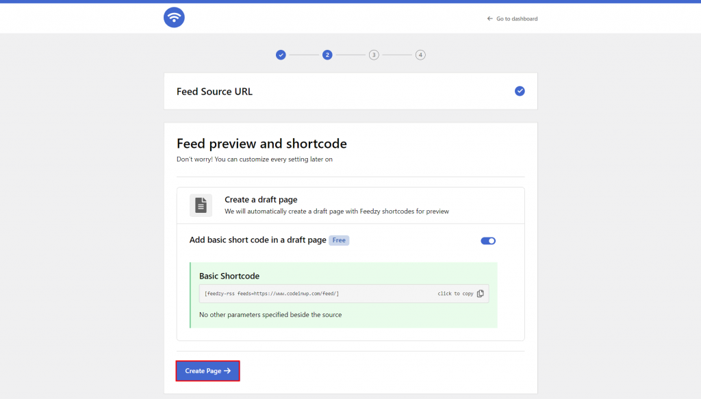 Botón crear página de Feedzy