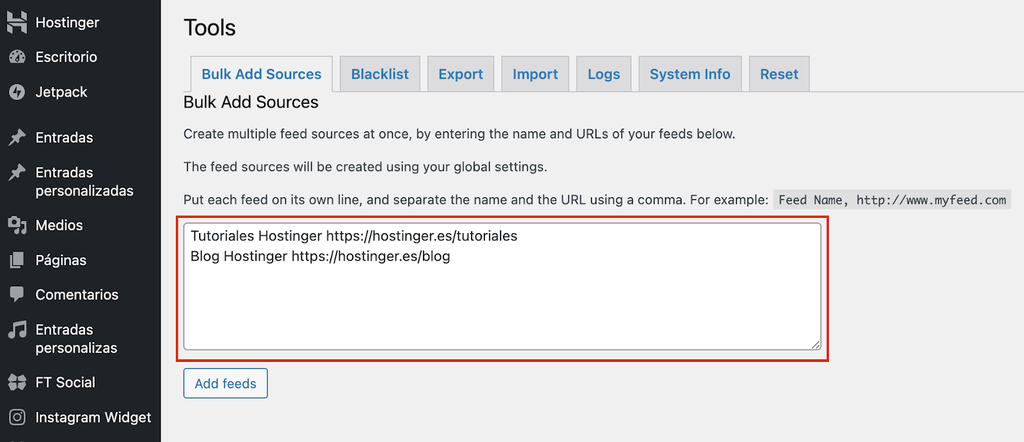 Sección de herramientas de RSS aggregator de WordPress