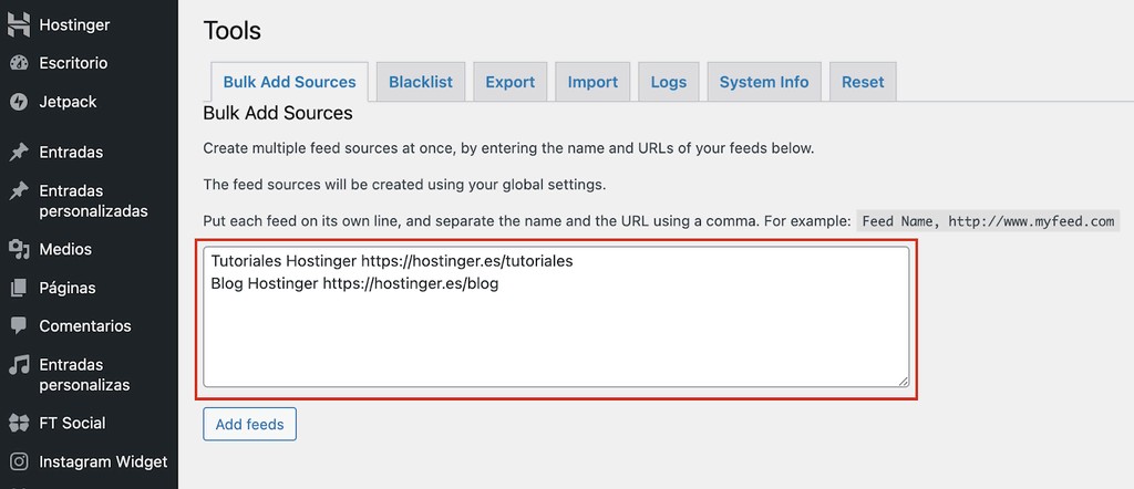 Sección de herramientas de RSS aggregator de WordPress