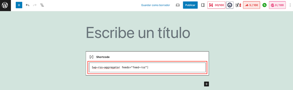 Ejemplo de URL feed en el editor de WordPress