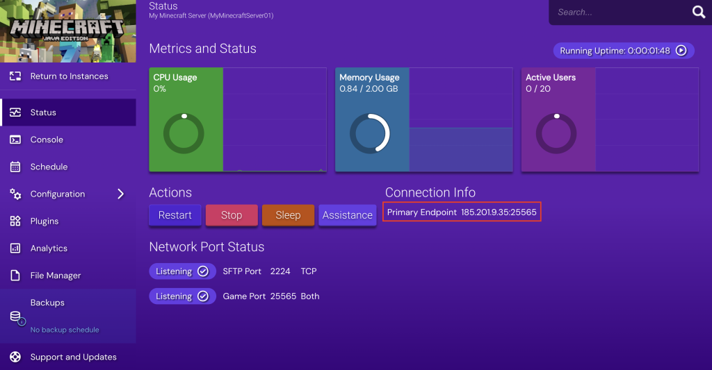 Panel de control del servidor creado de Minecraft