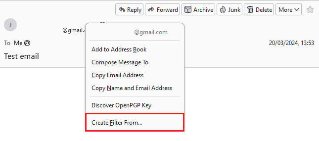 Opción crear filtro desde del correo Thunderbird