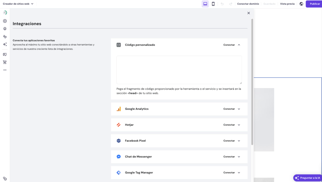 Integraciones del Creador de sitios web de Hostinger 