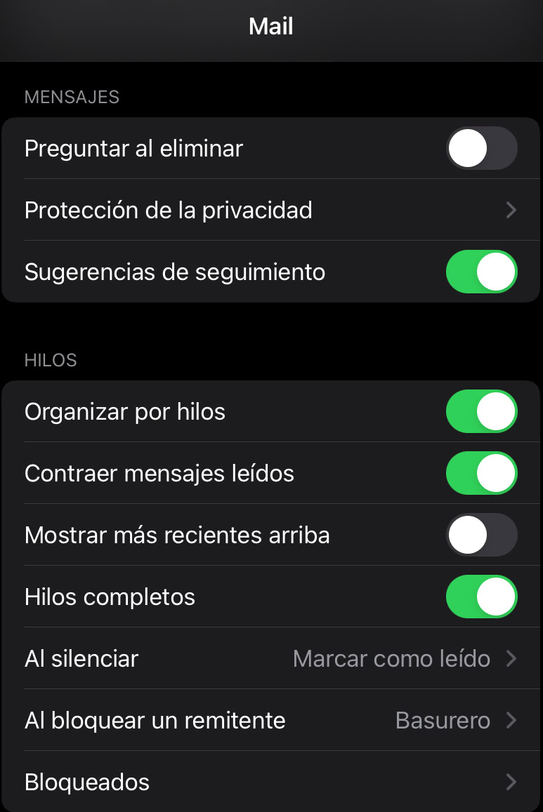 Opciones de Mail en iOS