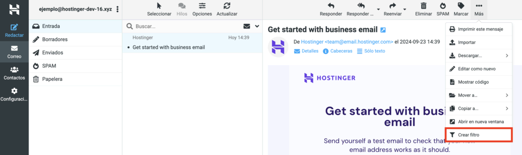 Opción de crear filtro en el correo de Hostinger