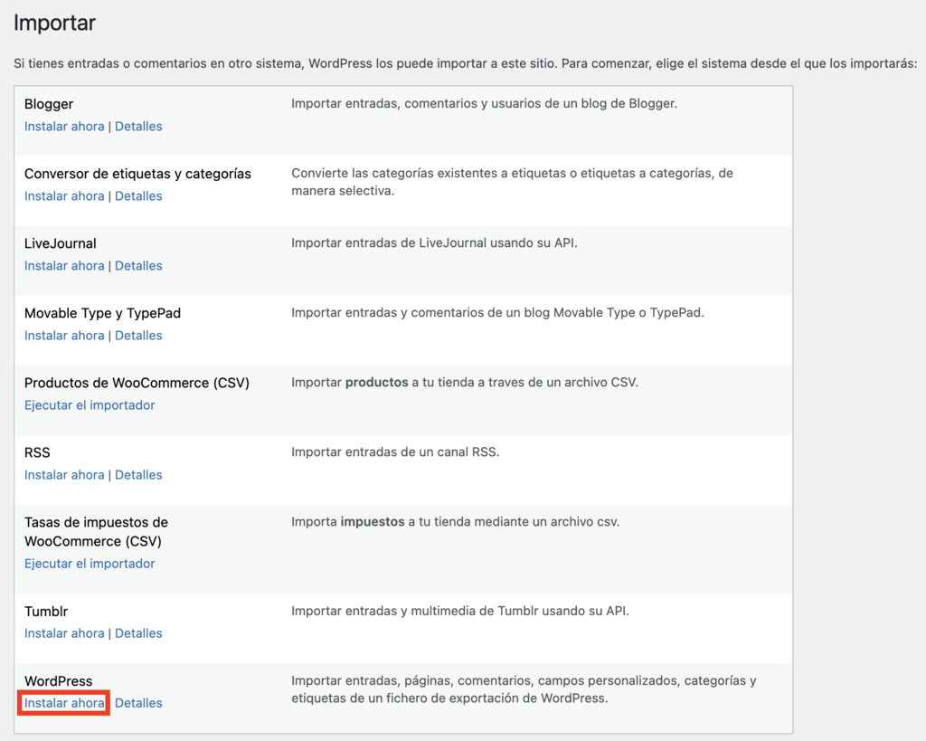 Sección de Importar WordPress en en panel de WP