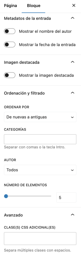 Opciones de bloque en el Editor de WordPress